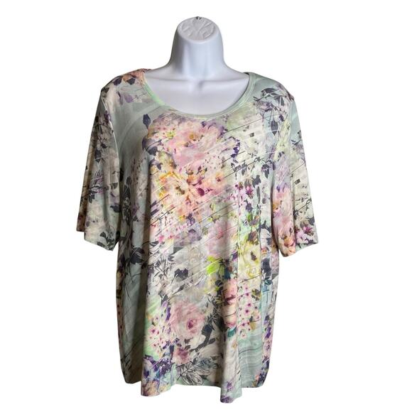 Basler Women's Blue Watercolor Floral Top Est. Size XL Cottagecore Feminine - Picture 1 of 11